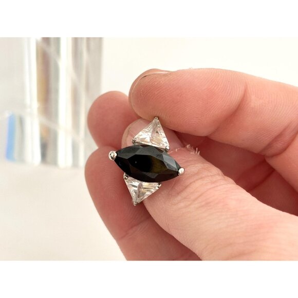 Black Onyx Marquise Cut Trillion Cut CZ 925 Sterling Silver Vintage Ring - sz 10 - Picture 11 of 15